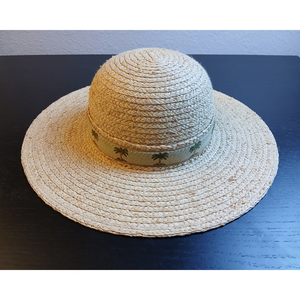 Scala Collection Straw Sun Hat Wide Brim Palm Tree Ribbon Beige‎ One Size - Picture 2 of 9